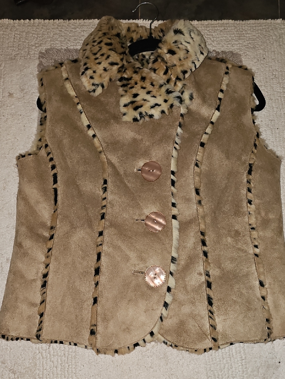 Faux Suede Reversible Vest with Leopard Trim - Tan